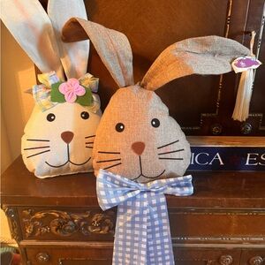 Burlap Bunny Duo with Blue Check Bow